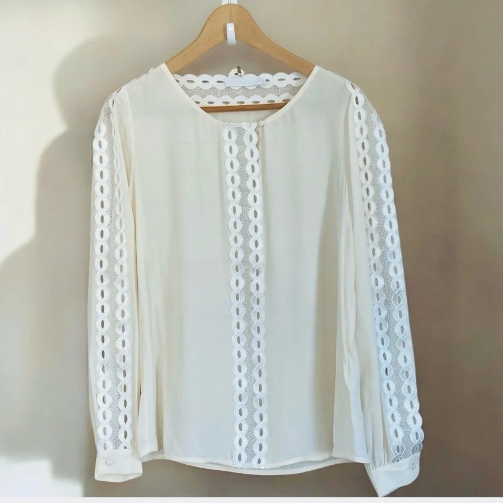 Anne Fontaine Silk Ivory Lace Trim Blouse Size Medium - Picture 5 of 12
